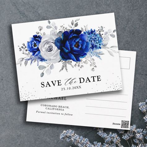 Royal Blue White Silver Floral Save the Date Postcard Save The Date Vintage, Elegant Save The Date, Rustic Wedding Save The Dates, Unique Monogram, Rustic Save The Dates, Silver Theme, Elegant Bouquet, Save The Date Postcard, Green Eucalyptus