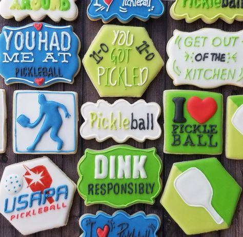 Pickleball Cookies Pickle Ball Decorated Cookies, Pickleball Desserts, Pickleball Birthday Party Ideas, Pickle Ball Cake Ideas, Pickleball Birthday Cake, Pickle Ball Cookies, Pickleball Cookies Decorated, Pickleball Party Decorations, Pickleball Cupcakes