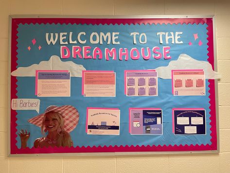 Barbie Themed Bulletin Board, Ra Social Programs Activities, Get To Know Me Ra Board, Barbie Bulletin Board Ideas, Hall Themes Resident Assistant, Barbie Door Decs, Welcome Ra Boards, Meet The Ra Bulletin Board, Ra Duty Board