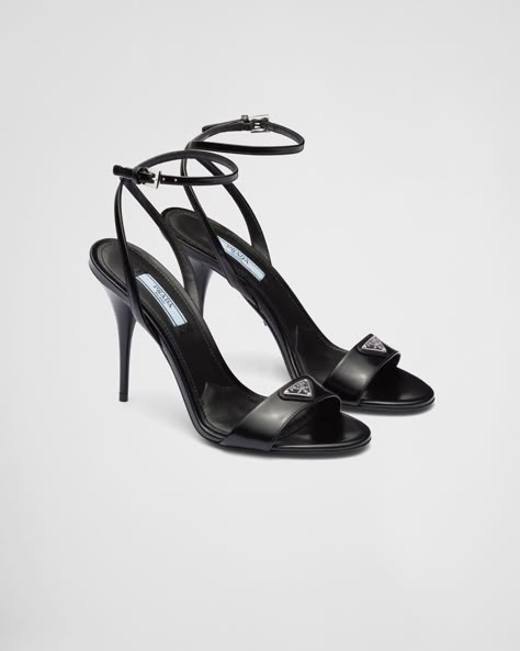 Black Brushed leather sandals | PRADA Shoes Png, Prada Heels, Prada Shoes Heels, Prada Sandals, Metal Lettering, Prada Collection, Fancy Shoes, Lettering Logo, Leather Sandals Women