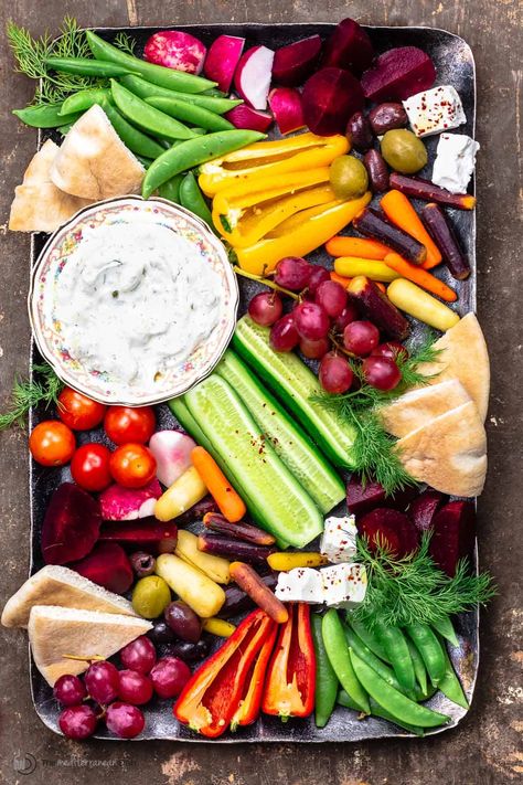 Crudite Platter Ideas, Crudites Platter, Mediterranean Mezze, Crudite Platter, Platter Ideas, Marinated Vegetables, Roasted Red Pepper Hummus, Vegetable Tray, Vegetable Platter