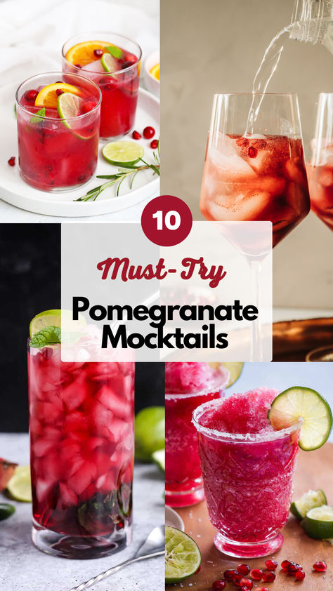 Pomegranate Mocktails Mocktail With Pomegranate Juice, Pitcher Of Mock Tails, Non Alcoholic Pomegranate Drinks, Pomegranate Juice Mocktail Recipe, Drinks With Pomegranate Seeds, Pomegranate Punch Non Alcoholic, Pomegranate Drinks Non Alcoholic, Pom Mocktail, Mocktails Pomegranate