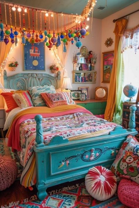 Colorful Teen Bedroom, Eccentric Bedroom, Colorful Kids Bedding Maximalism Retro, Mexican Colorful Blanket, Cozy Boho Bedroom, Bright Mexican Pillows, Hippie Bedroom Curtains & Drapes, Colorful Kids Bedding Ecclectic, Estilo Hippie