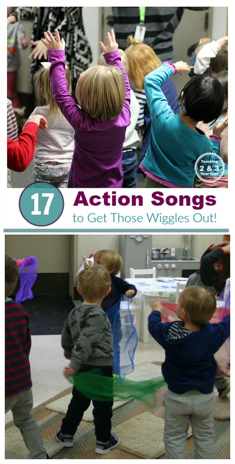 17 action songs for toddlers and preschoolers - perfect for rainy days when you have high-energy kids who need to get the wiggles out! Teaching 2 and 3 Year Olds Toddler Songs With Actions, Preschool Action Songs, 17 Songs, Energy Kids, Music For Toddlers, Songs For Toddlers, Action Songs, Preschool Circle Time, Kids Singing