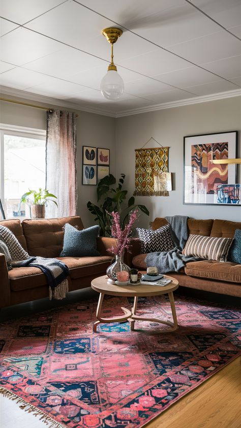 Eclectic Living Room Brown Couch, Living Room Ideas Eclectic, Room Ideas Eclectic, Decorating Ideas For Walls, Teal Couch Living Room, Light Brown Couch, Colorful Modern Living Room, Room Ideas Color Schemes, Southwest Living Room