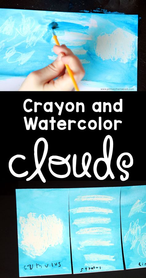 Cloud Activities for Kids :: Crayon and Watercolor Clouds Art Project Cloud Process Art, Pre K Cloud Activities, Cloudette Book Activities, Rain Preschool, Kindergarten Cloud Lesson, Clouds Activities, Rain Cloud Activity, Clouds For Kids, Weather Preschool