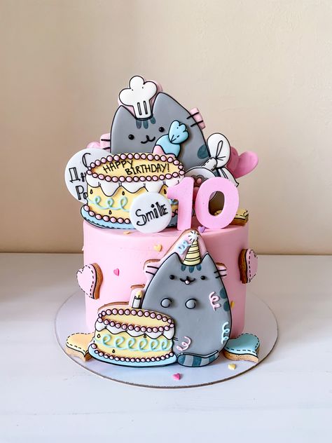 Pusheen The Cat Birthday Party, 10 Birthday Cake Girl, 9th Birthday Cake For A Girl, Birthday Cake 9th Girl, Birthday Cake Cat Theme, Pusheen Birthday Cake, Pusheen Cat Cake, Pusheen Birthday Party Ideas, Cat Themed Birthday Cake