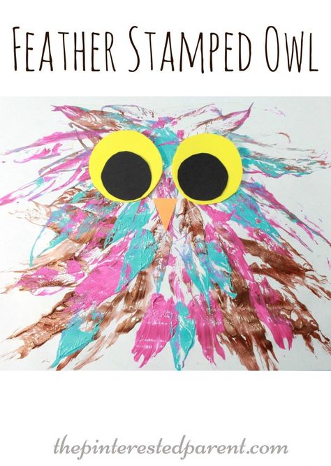 feather stamped painted owl process arts & craft for the kids with a feather Owl Preschool, Process Art Preschool, Owl Activities, Owl Craft, Painted Owl, Owl Crafts, Bird Crafts, Feather Crafts, Feather Painting