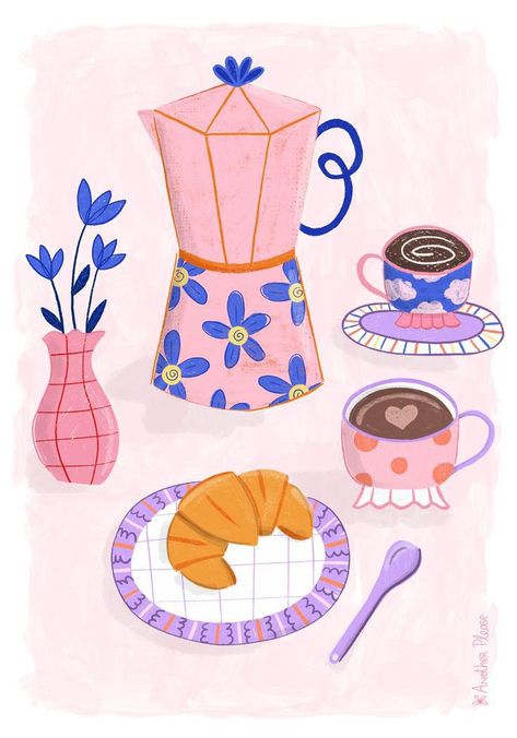 High Quality Images For Printing, Coffee Time Illustration, Wall Posters Pink, Draw Coffee Cup, Art Using Coffee, Cafe Illustration Art, Illustration Art Coffee, Coffee Art Illustration, Coffee Illustration Art