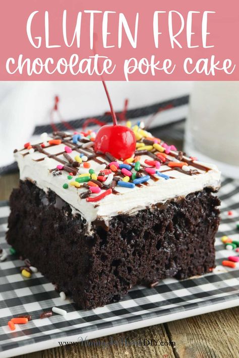 Gluten Free Chocolate Cake Mix Recipes, Gf Poke Cake, Dairy Free Poke Cake, Gluten Free Dirt Cake, Gluten Free Poke Cake Recipes, Gluten Free Poke Cake, Vegetarian Chocolate Cake, Gluten Free Birthday Cake, Gluten Free Party Food