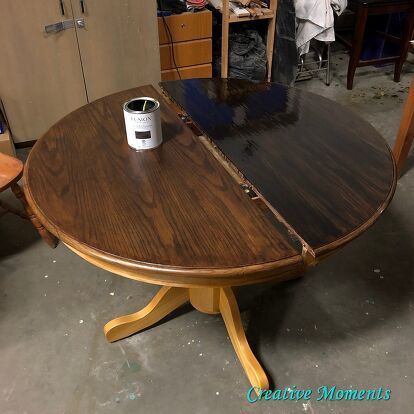 Do you have a furniture piece that has a great finish but the stain color is not what you want? Follow how I used a product that can change the color OVER an existing finish. Table before This round oak table had been refinished by the former owner so there was no need to strip, sand and restain BUT with a new gel stain from Fusion Mineral Paint I knew I could update the color without doing all that work. Here are many other dining table tutorials that were stripped and or painted.F… Stained Round Kitchen Table, Updating Amish Oak Dining Room Table Set, Gel Stain Kitchen Table And Chairs, Java Gel Stain Dining Room Table, How To Use Gel Stain Over Existing Stain, Gel Stain Dining Room Table, Gel Stain Kitchen Table, Dark Wood Round Table, Refurbished Round Kitchen Table