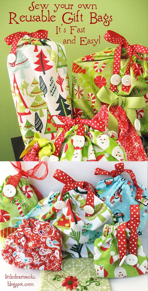 It's easy and fun to sew up these festive and reusable fabric gift bags! And almost as fast as wrapping a gift in paper. Cut down on the after Christmas trash this year! #christmascrafts #diychristmas #giftbag #fabricgiftbag #freetutorial #littledear Xmas Fabric Gift Bags, Christmas Fabric Bags Diy, Fabric Gift Wrap How To Make, Reusable Wrapping Ideas, Christmas Fabric Gift Bags, Reusable Christmas Wrapping, Reusable Fabric Gift Bags, Reusable Christmas Gift Bags, Christmas Fabric Ideas