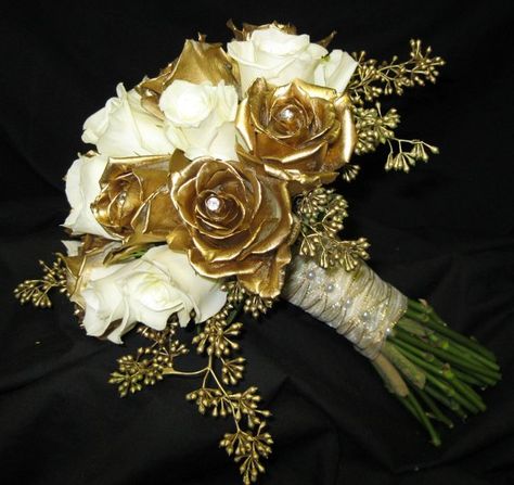 Wedding Bouquets Gold, November Bride, Prom Bouquet, Pearl Pins, Gold Bouquet, Jeweled Bouquet, Gold Gallery, Ribbon Ideas, Vintage Bridesmaids