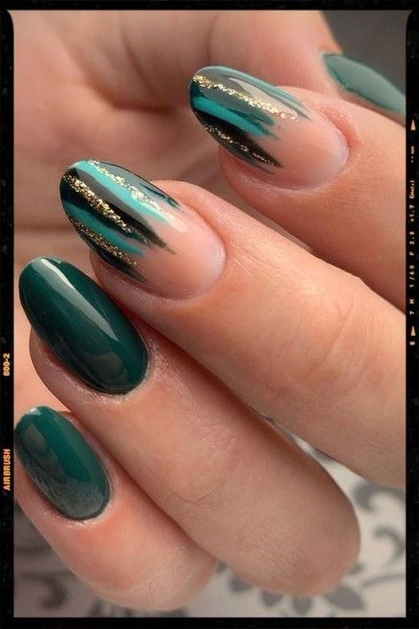 Witchy Nails Simple Green, Nail Designs For Green Dress, Green Glitter Tip Nails, Dark Emerald Green Nails With Gold, Forest Green Nails Matte, Gold And Dark Green Nails, Fall Nails 2022 Green, Black Green And Gold Nails, Midnight Green Nails