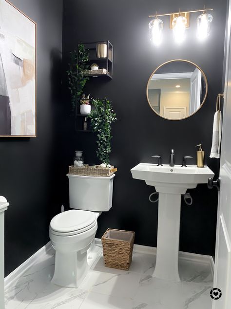 Half Bathroom Inspo Aesthetic, Black White Half Bathroom, Half Bathroom Luxury, Powder Room Black Wallpaper, Black Walls Half Bath, Half Bathroom Ideas Dark Paint, Dark Walls Half Bath, Small Black Half Bathroom, Modern Black Powder Room