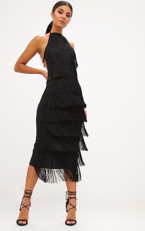 Black Tassel Halterneck Midi Dress Flapper Wedding Dresses, Short Maxi, Black Fringe Dress, Bridesmaid Dresses Uk, Formal Dresses With Sleeves, Stylish Wedding Dresses, White Bodycon, Winter Dress Outfits, White Tassel