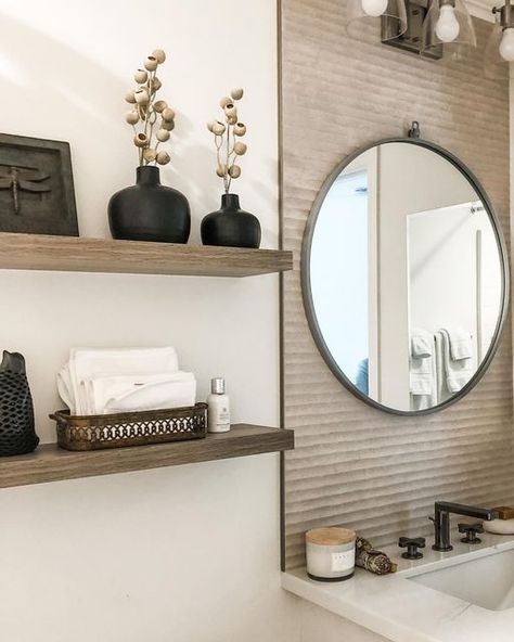 Tile Wall Behind Vanity And Toilet, Bathroom Wall Tile Behind Mirror, Tile Around Bathroom Mirror, Short Backsplash Bathroom, Bathroom Tile Behind Mirror, Tile Behind Sink Bathroom, Tile Accent Wall Bathroom Behind Sink, Bathroom Accent Wall Behind Mirror, Tiling Behind Bathroom Sink