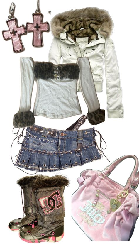 y2k fur pink juicy dc boots cross earrings fur coat denim skirt mcbling y2k 2000s Winter Outfits, Pink Boots Outfit, Dc Boots, Denim Skirt Outfit Winter, Winter Outfits Y2k, Fur Boots Outfit, Y2k Winter Outfits, Pastel Winter, Pink Denim Skirt