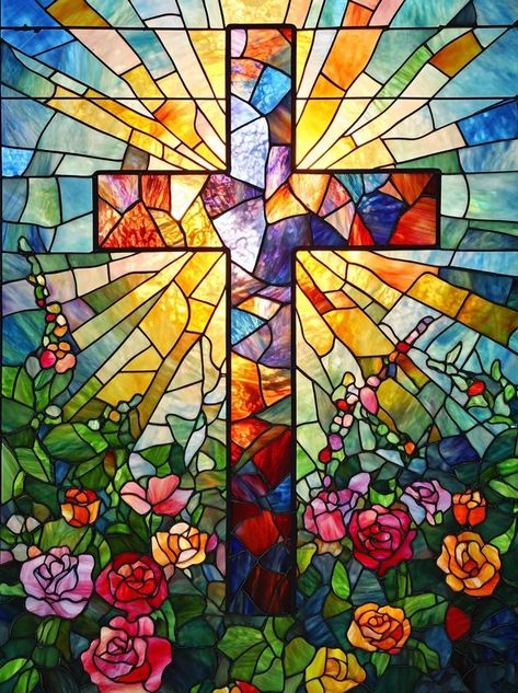 Stained Glass Cross, Colored Roses, Spiritual Images, Glass Cross, Sun Rising, Rays Of Light, Cross Tattoo, Stained Glass Window, Floral Arrangement