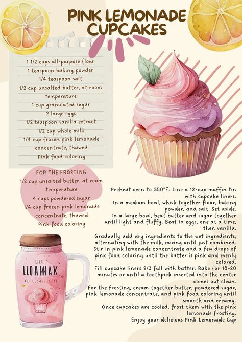 Pink Lemonade Cupcakes, Cottagecore Recipes, Homemade Recipe Books, Kitchen Witch Recipes, Lemonade Cupcakes, Recipe Book Diy, Homemade Cookbook, Recipe Drawing, Baking Book