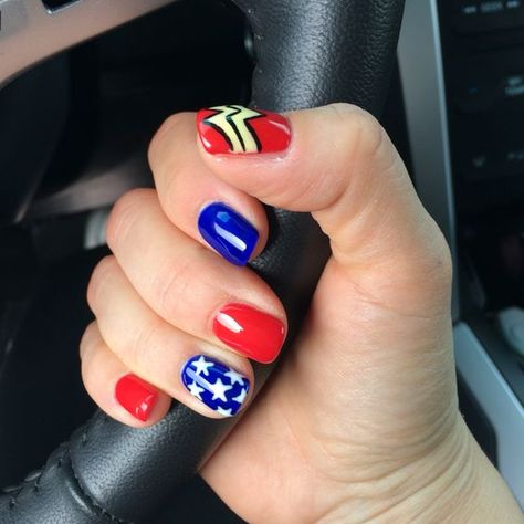 Wonder Woman Nail Art Wonder Woman Nails, Superhero Nails, Wonder Nails, Woman Mask, Wonder Woman Party, Wonder Woman Birthday, Her Nails, Blue Nail, Chris Pine