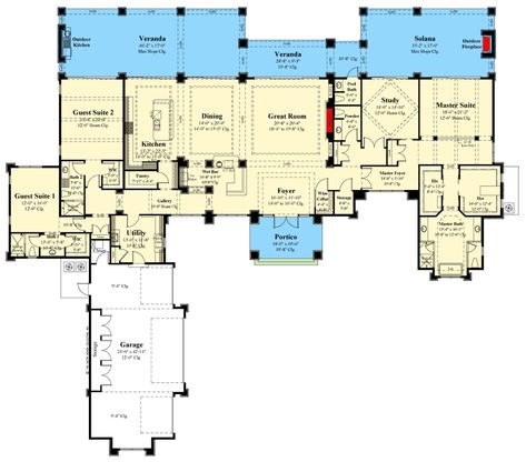 This one-story contemporary house plan gives you 4,460 square feet of heated living with 3 bedrooms and 4-car garage and has views from every room. Its stepped flat roofs and soaring gables give it great curb appeal. Stuccoed walls with stone columns and accents give it a sense of warmth and richness. It is easily at home on the beach, a lake or on a mountaintop setting. Upon entering the expansive ceiling in the foyer (14' to 16'), one is immediately greeted by the view beyond via the great roo Contemporary One Story House Plans, 5000sqft House Plans, Florida Home Plans One Story, Visbeen Architects House Plans, U Shaped House Plans With Pool In Middle, Five Bedroom House Plans One Story, Large One Story House Plans, One Story Mansion, Luxury One Story Homes