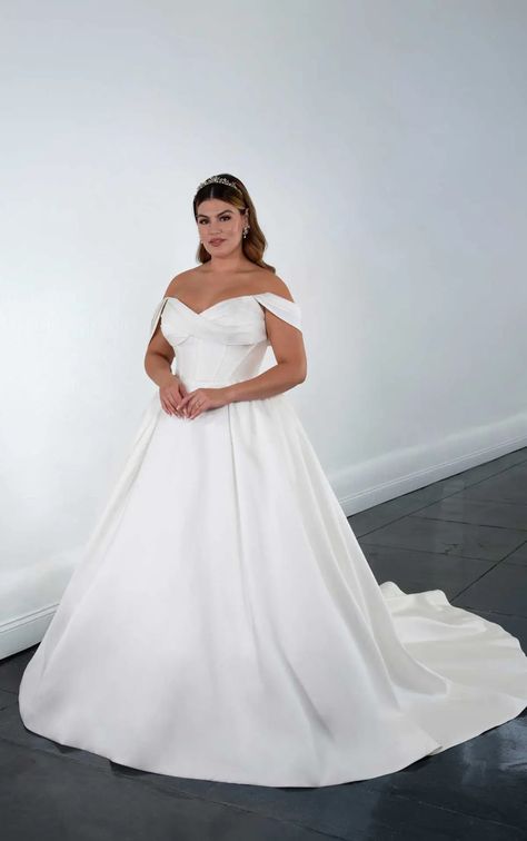 Chic Plus Size Off-the-Shoulder Silk Ballgown Wedding Dress with Long Train Silk Ballgown Wedding Dress, Plus Size Satin Wedding Dress, Wedding Dress With Long Train, Dress With Long Train, Ballgown Wedding Dress, Chic Plus Size, Ballgown Wedding, Martina Liana, Silk Wedding Dress