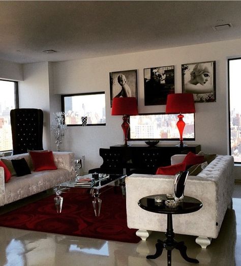 Black And Red Bedroom Decor Modern, Red Black And White Apartment Decor, Red Black And White Living Room Ideas, Black And Red Home Decor, Red And Black House Decor, Red And White Room Decor, Red And Black Apartment Decor, Red Black White Bedroom, Red And Black Living Room Ideas