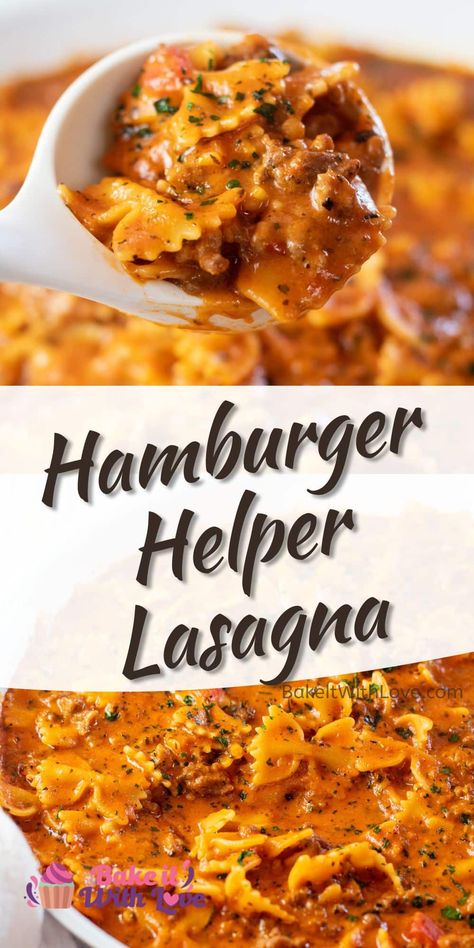 This Hamburger Helper lasagna is a homemade, tasty, and easy one-pot meal that is perfect for any night of the week! It is not only healthier but also much more delicious than anything you'll make from a box. Of course, this comfort food is still super convenient and ready to enjoy in just 20 minutes! BakeItWithLove.com #bakeitwithlove #hamburgerhelper #lasagna #onepot #dinner #copycat Hamburger Helper Lasagna, Hamburger Helper Recipes, Chicken Honey, Easy Hamburger, Homemade Hamburgers, Hamburger Helper, Beef Casserole Recipes, Easy One Pot Meals, Pasta Dinner Recipes