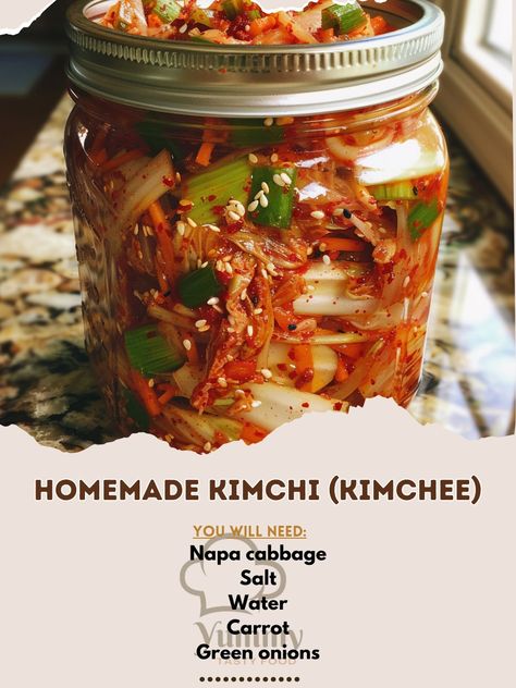 🌶️ Make your own spicy and tangy Homemade Kimchi! 🌱🧄 #KimchiLovers #FermentedFoods Homemade Kimchi (Kimchee) Ingredients: Napa cabbage (1 large) Salt (1/4 cup) Water (4 cups) Carrot, julienned (1) Green onions, chopped (4) Garlic, minced (5 cloves) Ginger, grated (1 tbsp) Korean red pepper flakes (2 tbsp) Fish sauce (2 tbsp) Sugar (1 tbsp) Instructions: Chop cabbage and soak in salt water for 2 hours. Rinse and drain. Mix cabbage with carrot, green onions, garlic, ginger, red pepper flake... Napa Cabbage Recipes, Homemade Kimchi, Korean Chili Flakes, Cozy Fall Recipes, Homemade Chinese Food, Korean Side Dishes, Kimchi Recipe, Korean Cooking, Cooking Homemade