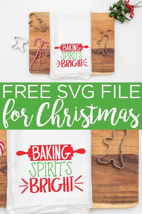 Looking for free Christmas SVG files? We have 16 including this baking spirits bright Christmas SVG that is perfect for gifts! #christmas #svg #freesvg #cricut #cricutcreated #svgfile #cutfiles #freecutfiles #baking #christmasbaking #christmastowel #towel #kitchentowel #teatowel #holidays #giftidea Dish Towel Svg Free, Baking Spirits Bright Svg, Baking Spirits Bright Free Printable, Free Christmas Svg Files, Free Christmas Svg, Cricut Gifts, Baking Spirits Bright, Christmas Svgs, Craft Workshop