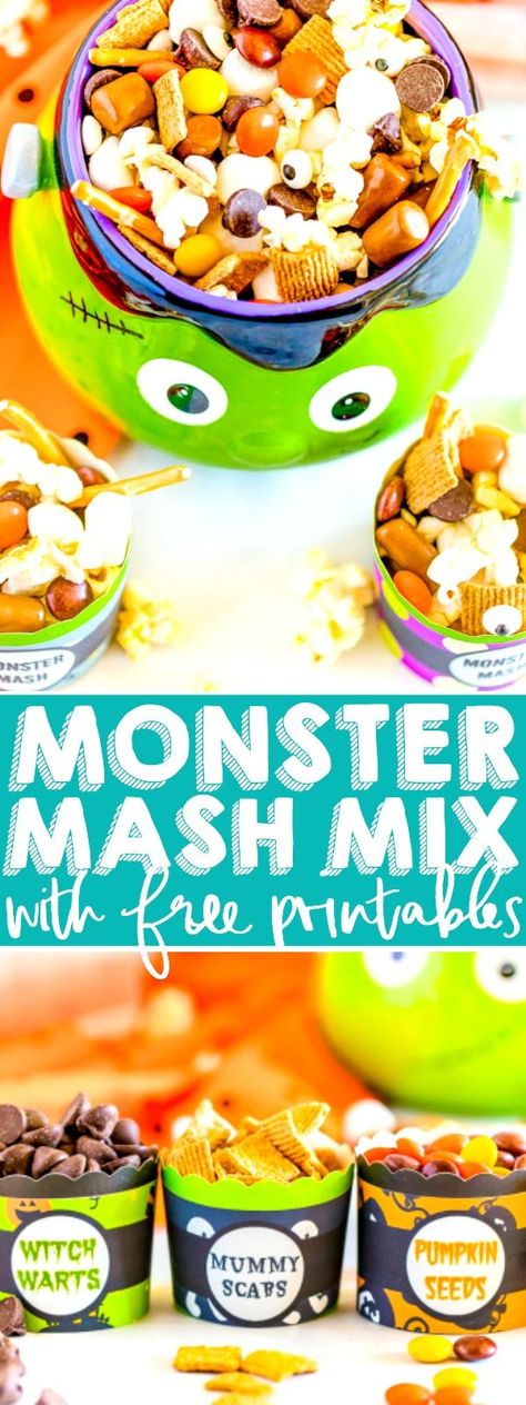 Halloween Trail Mix Recipe, Halloween Treat Table, Nerd Recipes, Halloween Trail Mix, Monster Snacks, Halloween Snack Mix, Monster Treats, Monster Munch, Cupcake Cups