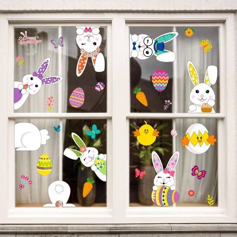 Super easy Easter window decorating ideas with stickers Easter Window Decorations, Happy Easter Decor, Easter Window, Easter Wood Crafts, Decoration Vitrine, Easter Stickers, Bunny Basket, Glass Decals, Easter Colors