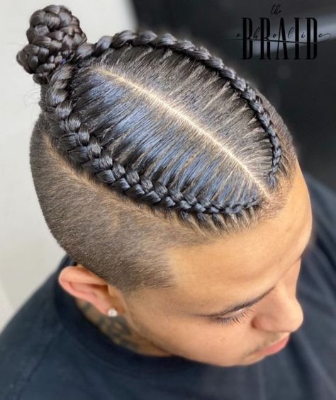 Two Braids Men, 2 Braids Men, Two Cornrow Braids, Braids For Men, Braids With Fade, Braided Man Bun, Braid Styles For Men, Braids With Shaved Sides, Viking Braids