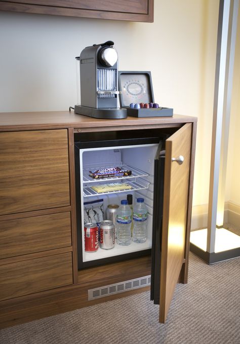 Mini Bar Fridge Ideas, Hotel Room Fridge Cabinet, Mini Fridge Cabinet Bedroom, Office With Mini Fridge, Coffee Bar Mini Fridge, Bedroom Mini Bar Ideas, Mini Bar In Bedroom Master Suite, Minibar Bedroom, Hotel Minibar Design