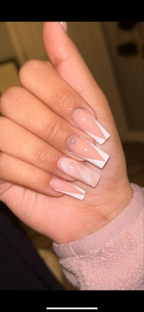 French Tip Nails With Marble Design, How To Do A V French Tip, White Marble Nails French Tip, Acrylic Nails Coffin Middle Length, Marble And French Tip Acrylic Nails, Split French Tip Nails Acrylic, French With Marble Nails, White V French Tip Nails With Design, French Tip With Marble Nails