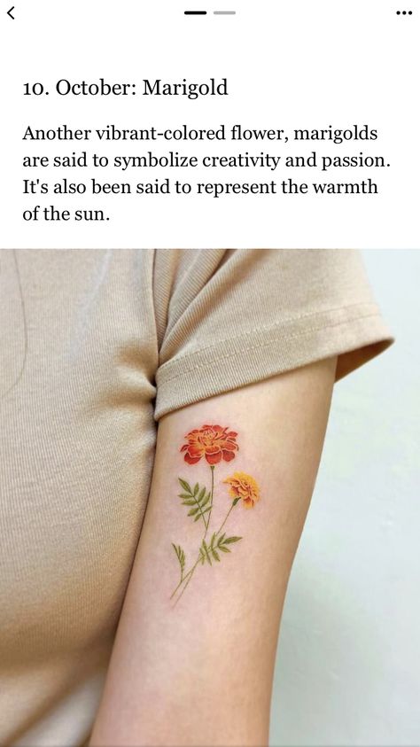 Arm Flower Tattoo, Month Flower Tattoo, Cool Tattoos Ideas, Marigold Tattoo, Fingerprint Tattoos, Leopard Nail Designs, Snoopy Tattoo, Awesome Tattoo Ideas, Botanical Tattoos