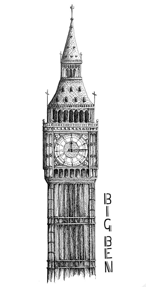 This high-quality print is made from my original pen drawing of a view of the iconic Big Ben, London.  The image is printed on A4 archival matte paper (189sgm). The frame is not included.  Signed on the reverse. This print will be carefully packaged in a clear presentation bag and hard backed envelope to avoid damage in the post. All of my prints are copyright protected.  Please feel free to message me if you have any questions.  Thank you for visiting. If you like what you see, please take a lo London Outline Drawing, Big Ben Dibujo, London Drawing Sketches, Big Ben Sketch, Big Ben Illustration, London Art Drawing, Landmark Drawing, Big Ben Tattoo, Big Ben Drawing