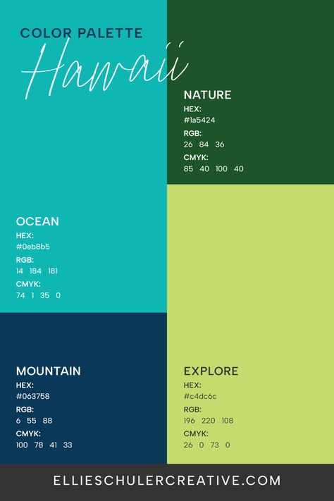 Dreaming of a Hawaii vacation? Use this Hawaii-themed color palette on your next design project. HEX codes, RGB and CMYK swatches ready to go! 🎨🌴🌊 Hawaii Color Palette, Custom Skates, Hawaii Theme, Tropical Hawaii, Beautiful Websites, Website Template Design, Hex Codes, Creative Business Owner, Showit Website