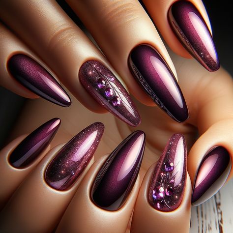 A close-up image of deep plum nails adorned with a shiny chrome finish, showcasing the elegant and trendy manicure. Plum Nails With Chrome, Chrome Mauve Nails, Plum Chrome Nails, Deep Plum Nails, Wine Chrome Nails, Dark Purple Chrome Nails, Plum Purple Nails, Purple Nail Art Designs, Plum Nails