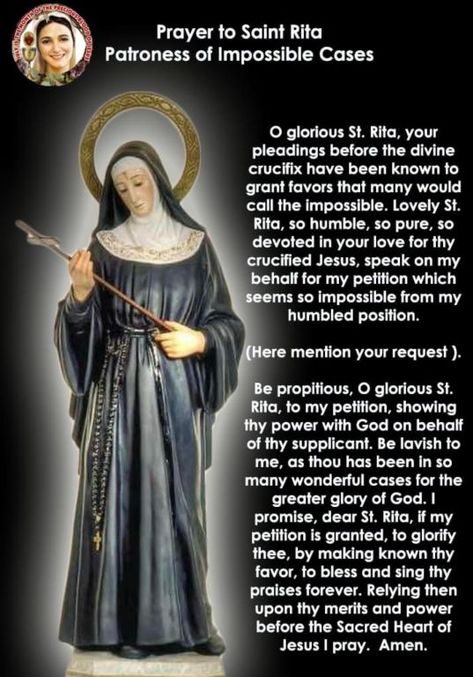 MIRACLE PRAYER TO ST. RITA Patroness of Impossible Cases Sacred Heart Of Jesus Prayer, Divine Mercy Chaplet Prayer, Prayer To St Rita, St Joseph Prayer, Rita Of Cascia, Divine Mercy Prayer, Holy Spirit Prayer, Prayer For My Marriage, Catholic Lent