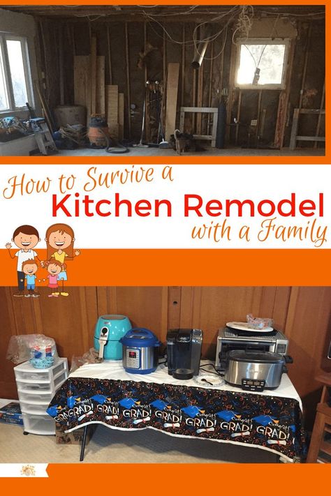 Surviving a kitchen remodel is hard! Doing it with a family is even harder! Here are some tips to help make it easier! Kitchen Remodel Meal Plan, Kitchen Remodel Meals, How To Survive A Kitchen Remodel, Makeshift Kitchen During Remodel, Meals During Kitchen Remodel, Temporary Kitchen During Remodel, Small Utility Sink, Makeshift Kitchen, Kitchen Remodel Tips