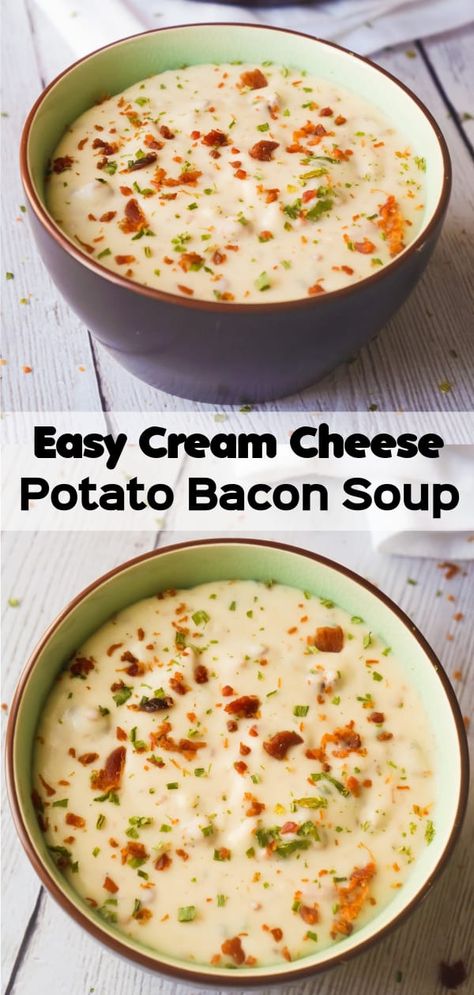 Easy Cream Cheese Potato Bacon Soup is a hearty soup recipe perfect for cold weather. This thick, creamy potato soup with cream cheese can be whipped up in just 20 minutes. Potato Soup With Cream Cheese, Soup With Cream Cheese, Cream Cheese Potatoes, Bacon Dinner, Potato Bacon Soup, Potato Bacon, Hearty Soup Recipes, Cheese Potato, Potato Soup Easy