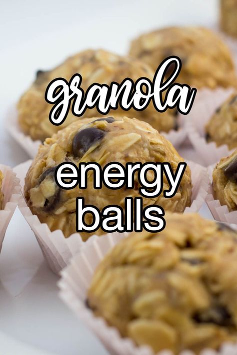 Granola Energy Balls - This recipe is packed with oats, seeds, peanut butter, and chocolate chips for a healthy boost whenever you need one. It's a spectacular snack, or is that snacktacular? | CDKitchen.com Granola Peanut Butter Balls, Granola Balls, Peanut Butter And Chocolate Chips, Energy Balls Recipe, Baked Granola, Energy Ball Recipe, Peanut Butter And Chocolate, Granola Healthy, Energy Snacks