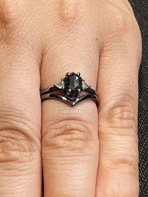 MAIN STONE
Type: Natural Salt and Pepper Diamond
Cut: Hexagon
Color: Dark / Grey / Icy

#1ct #Hexagon #Salt #and #Pepper #Diamond #Engagement #Ring #Set #14K #Black #Gold #Triangle #Moissanite #Promise #Ring #Custom #Bridal #Ring #Set #for #Her #Diamond #Salt #pepper #ring #engagement #ring #set #promise #ring #wedding #ring #set #anniversary #ring #set #hexagon #diamond #ring #black #gold #ring #unique #ring #chevron #wedding #band #v #shape #ring #triangle #moissanite #moissanite #ring Dark Wedding Rings, Dark Engagement Ring, Black Wedding Ring Sets, Relationship Rings, Black Diamond Wedding Ring, Dark Wedding Theme, Engagement Ring Types, Pepper Diamond Engagement Ring, Plain Wedding Band