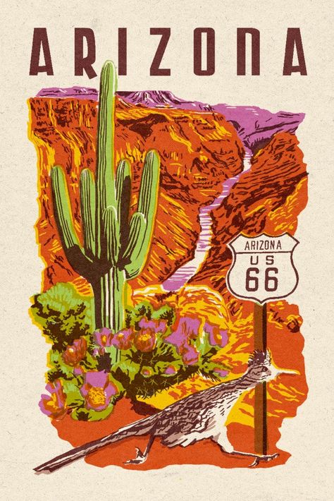 Arizona Postcard, Arizona Art, Arizona Adventure, Arizona Landscape, Vintage Arizona, Art Ink, Vintage Travel Posters, Route 66, Big Canvas Art