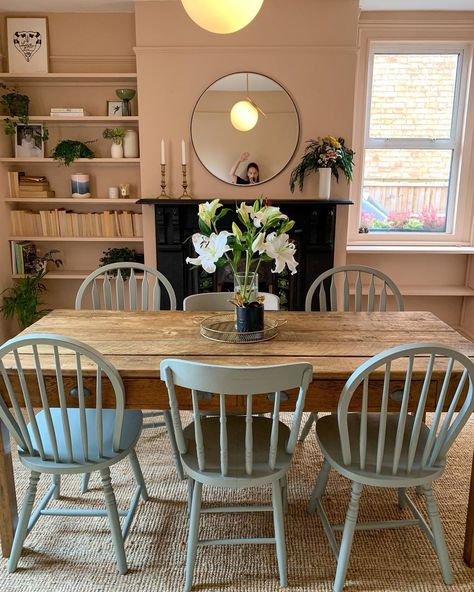 Farrow and ball pink salmon walls, wooden floorboards and a rustic vintage dining table. Kerry Villers, Salmon Walls, Farrow And Ball Pink, Awkward Face, Wooden Floorboards, Vintage Dining Table, Farrow And Ball, Have A Lovely Weekend, Dream Room