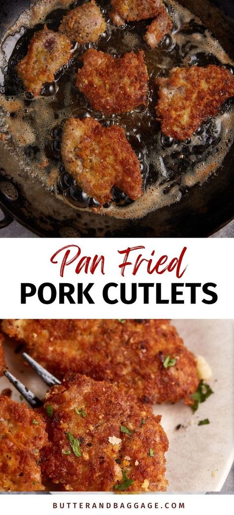 Pork Cutlets in a skillet. Breaded Pork Cutlets Fried, How To Cook Pork Cutlets, Recipe For Pork Cutlets, Fried Pork Tenderloin Medallions, Fried Pork Cutlet Recipes, Tenderized Pork Cutlet Recipes, Pork Cutlets Recipes, Pork Sirloin Cutlets, Pork Cutlet Recipes Easy