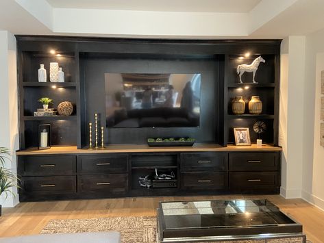 Mid Century Modern Built In Entertainment Center, Whole Wall Entertainment Center, Large Tv Built In, Built In Tv Wall Unit Basement, Big Entertainment Center Living Rooms, Built In With Tv, Built In Tv Wall Unit Modern, Dining Room With Tv, Diy Built In Entertainment Center