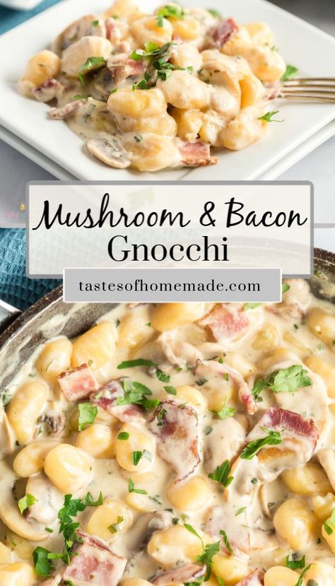 Easy, delicious, creamy 15 Minute Mushroom & Bacon gnocchi.  Pillowy soft gnocchi, bacon and mushrooms in a savoury herb and garlic cream sauce.  Ready in just 15 minutes, this is a quick, easy meal.  Cheesy, creamy and delicious.  #gnocchi #creamy #mushrooms #bacon #cream sauce #homemade #quick meals Bacon Gnocchi, Mushroom Gnocchi, Gnocchi Recipes Easy, Brie Sandwich, Gnocchi Recipes Homemade, Mushroom Cream Sauce, Mushroom Bacon, Gnocchi Dishes, Bacon Sauce